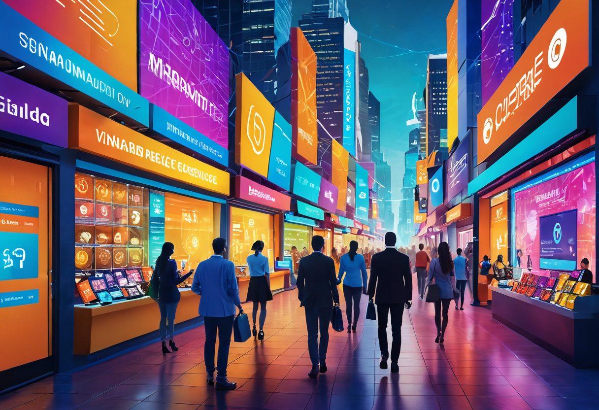 A dynamic digital marketplace scene featuring diverse entrepreneurs showcasing their products on vibrant virtual storefronts. Incorporate elements like digital currencies, innovative tech gadgets, and trade routes connecting different regions, symbolizing global commerce. The background should have abstract data streams and technology icons representing digital transformation. Bright and engaging colors to evoke a sense of success and opportunity. super-realistic. vibrant colors. 3D.