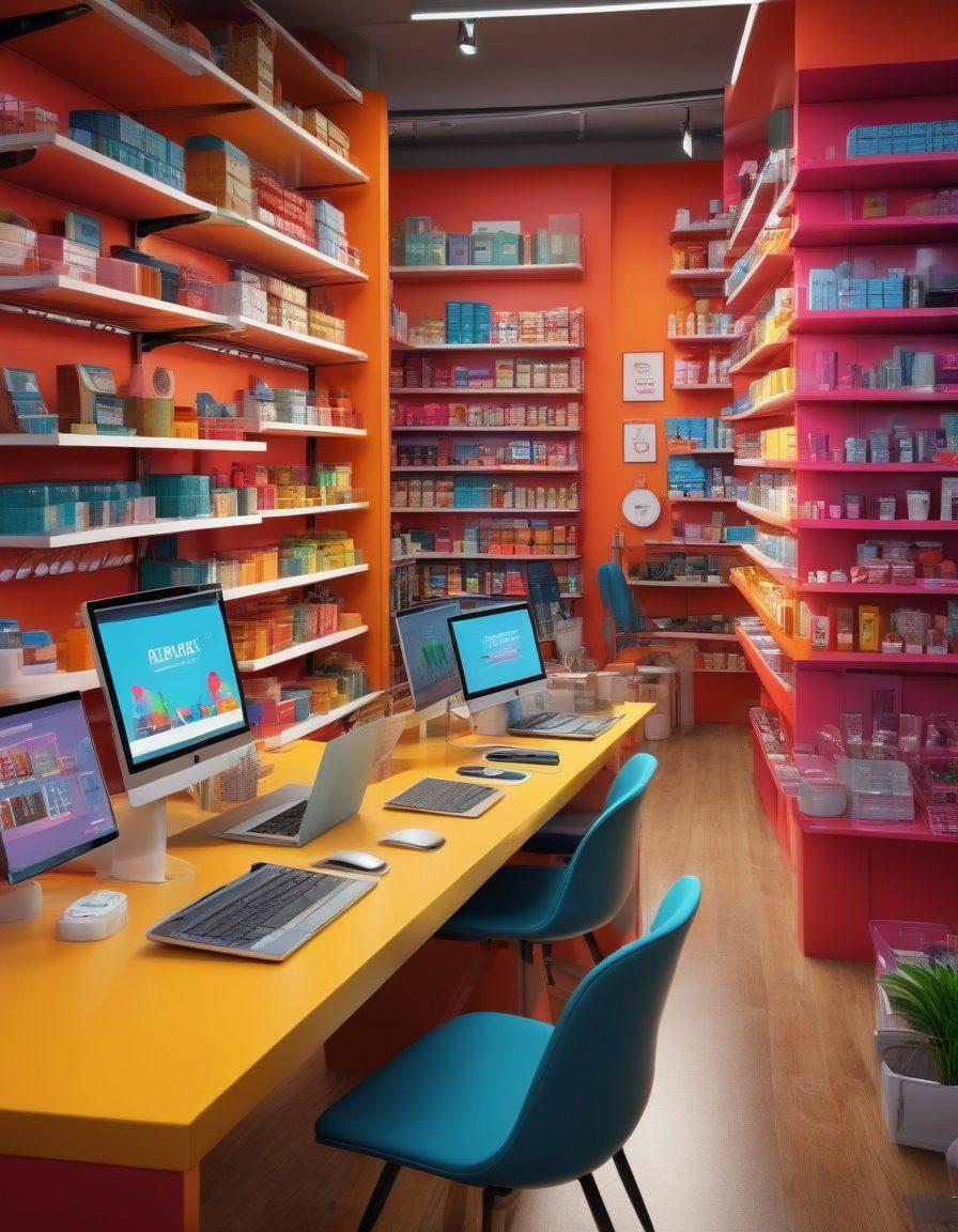 A dynamic digital marketplace scene showcasing vibrant retail and wholesale transactions, featuring diverse entrepreneurs collaborating over laptops and digital devices, a backdrop of virtual shelves stocked with products, and colorful graphs illustrating growth strategies. A bright and engaging atmosphere to reflect success in online trade. super-realistic. vibrant colors. 3D.