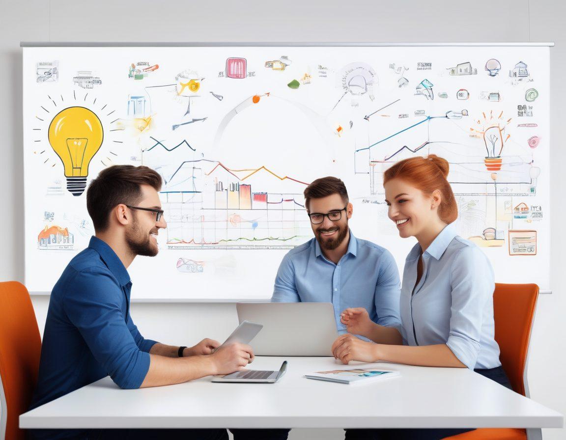 A dynamic split scene illustrating both B2B and B2C markets: on one side, a business meeting with diverse professionals collaborating over digital charts, and on the other, a vibrant online shopping experience with happy consumers browsing products on their devices. The background features arrows and graphs signifying market trends, while lightbulbs symbolize fresh ideas. super-realistic. vibrant colors. white background.